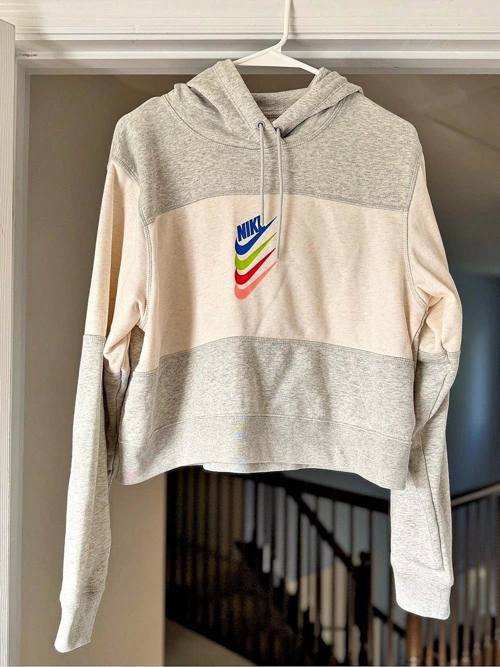 Nike Multi Swoosh Colorblock Cropped Hoodie Gray Cream M